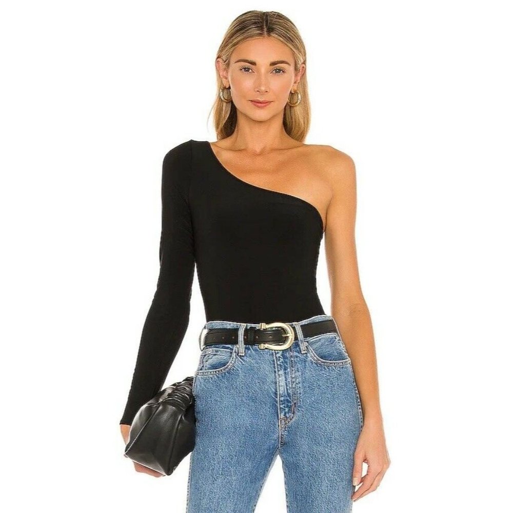 Show Me Your Mumu Brinkley Bodysuit Black One Shoulder Long Sleeve S NWT $92